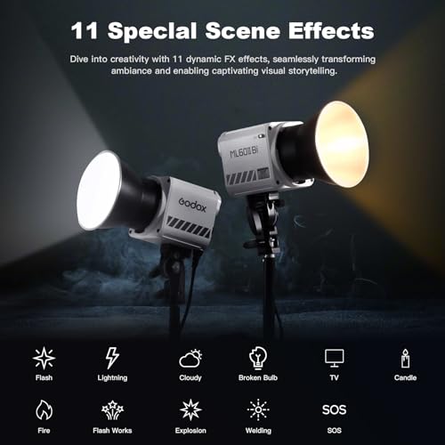 Godox ML60IIBi 70W LED Video Light, 2800-5600K Bi-Color Monolight Kit with 2xNP-F970 Battery, Bracket Handle CRI/TLCI 97+ App Control Portable Continous Output Lighting for Photography and Videography