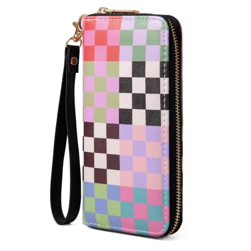 Image of Colorful Checkered Wallet for Women, Zip Around Wristlet Wallet | Detachable Wrist Strap, Large Capacity Long Phone Wallet for Cards, Cash & Travel
