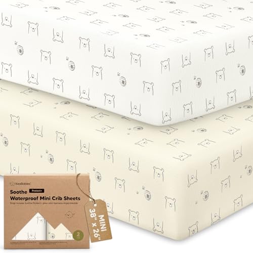 Image of 2 Pack and Play Sheets, Waterproof Mini Crib Sheets Fitted - 38x26 Organic Cotton Pack N Play Sheets for Graco Pack and Play Mattress,Playard Baby Crib Sheets,Neutral for Boy,Girl,Toddler(Bumble Bear)