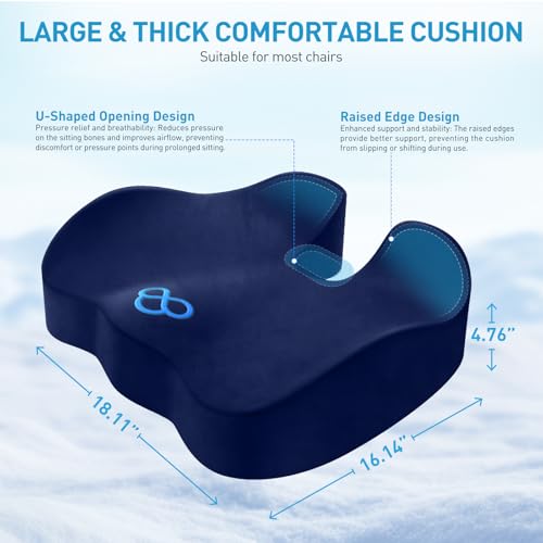 Image of BlissTrends Seat Cushion,Thick Memory Foam Cushions for Office Chair, Car Seat, Airplane, Relieving Pressure Tailbone Sciatica Back Pain for Long Sitting Office Workers, Car Drivers 4.7in Thick Blue