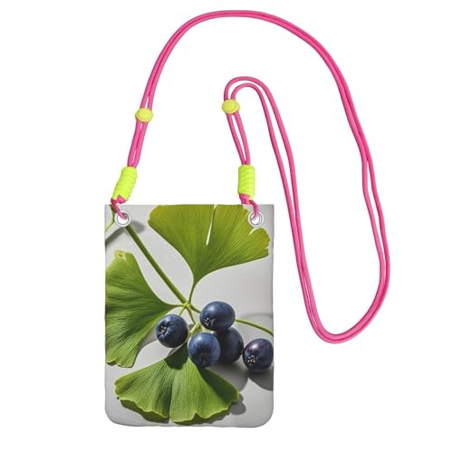 Pochette bandoulière fuchsia feuilles de ginkgo et baies pour téléphone et cartes