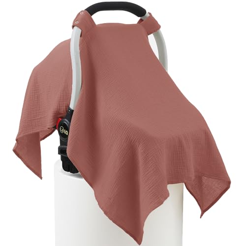 Image of 100% Muslin Cotton Car Seat Cover Baby, Carseat Canopy Cover, Universal Fit Stroller Covers for Boys and Girls (Blush)