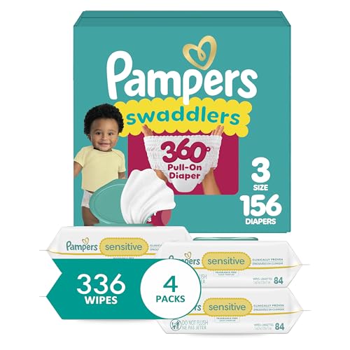 Pampers Swaddlers 360 Pull-On Diapers, Size 3, 156 Count, with Sensitive Baby Wipes, 4 Flip-Top Packs (336 Wipes Total) [Packaging May Vary] - image 1