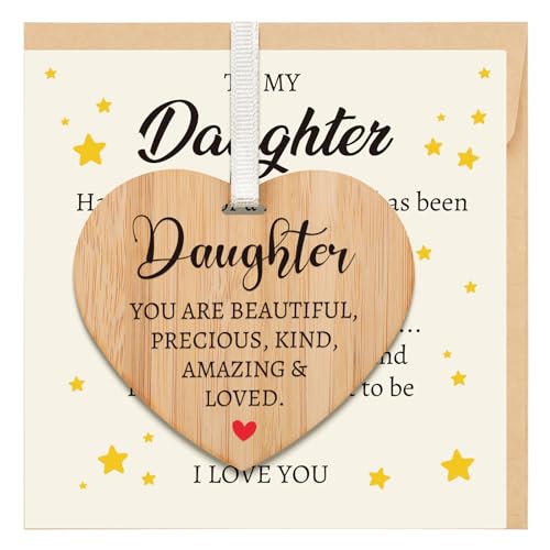 Welsky Daughter Birthday Cards with Envelope, Mothers Day Card Gifts for Daughter with Wooden Heart Plaque, Christmas Wedding Graduation Birthday Gifts for Daughters from Mum Dad