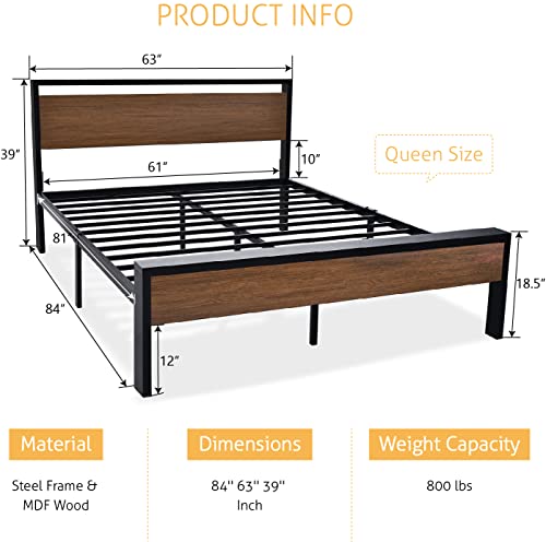 Sha Cerlin 14 Inch Queen Size Metal Platform Bed Frame With Wooden Headboard And Footboard, Mattress Foundation, No Box Spring Needed, Large Under Bed Storage, Non-Slip Without Noise, Walnut #TOP1