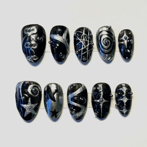 30Pcs Gothic Black Silver Press On Nails Medium Almond Fake Nails Y2K Star Swirl Design Silver French Tip False Nails Bow Stars Irregular Press On Acrylic Nail Reusable Nails for Women Punk Manicure