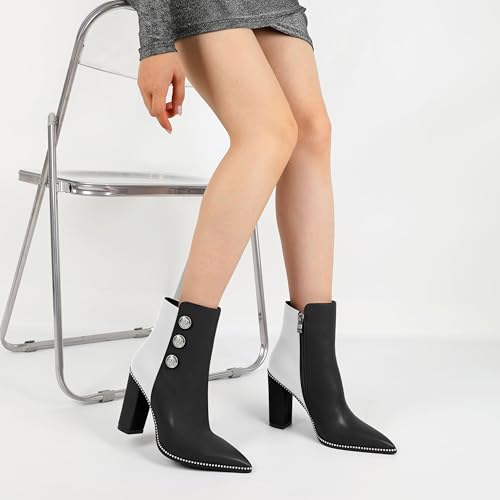 Joseywade Womens Ankle Booties 3.7 Inch Heel Chunky Boots Buttons Beaded Pointed Toe Side Zipper Boots Size 5-132