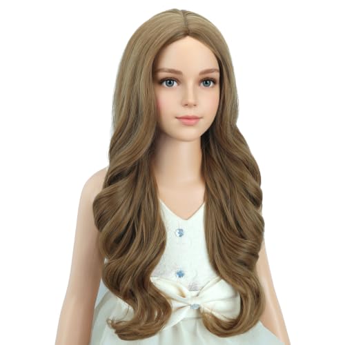 Image of PATTNIUM Kids Child Brown Wig Long Curly Wavy Light Brown Wigs for Girls Middle Part Shoulder Length Synthetic Wig with Wig Cap