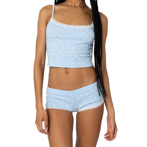 Image of Yuemengxuan Women Y2k Polka Dot Pajamas Sets 2 Piece Sexy Summer Outfits Set Sleeveless Strappy Cami Top Crop Top Shorts Set