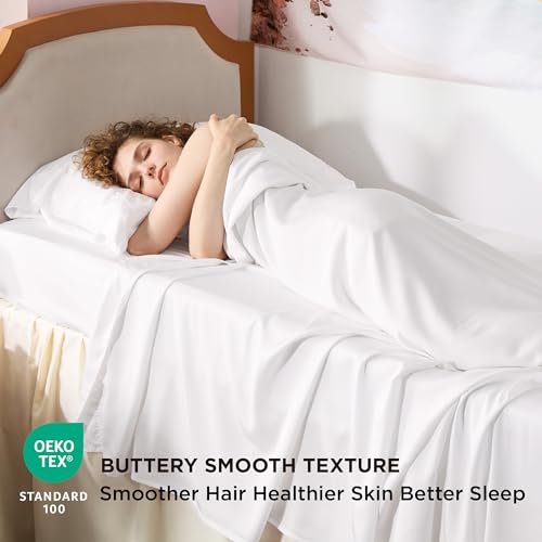 Image of Bedsure Cooling Sheets Twin XL, Rayon Derived from Bamboo, PureWoven, Breathable & Soft Twin XL Sheet Sets, Deep Pocket Up to 16 Inches, Hotel Luxury Silky Dorm Bedding for Hot Sleepers, White