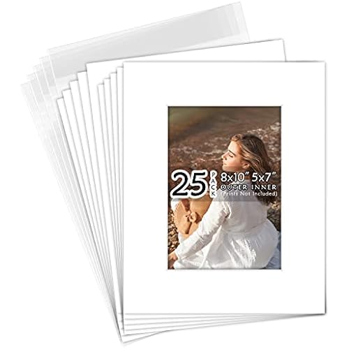 Golden State Art 25 Pack White Mat 8x10 for 5x7 Photo Matte+Backings+Bags