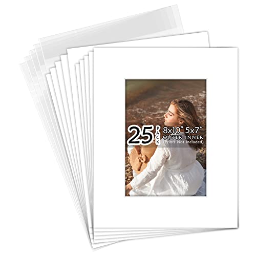 Golden State Art 25 Pack White Mat 8x10 for 5x7 Photo Matte+Backings+Bags