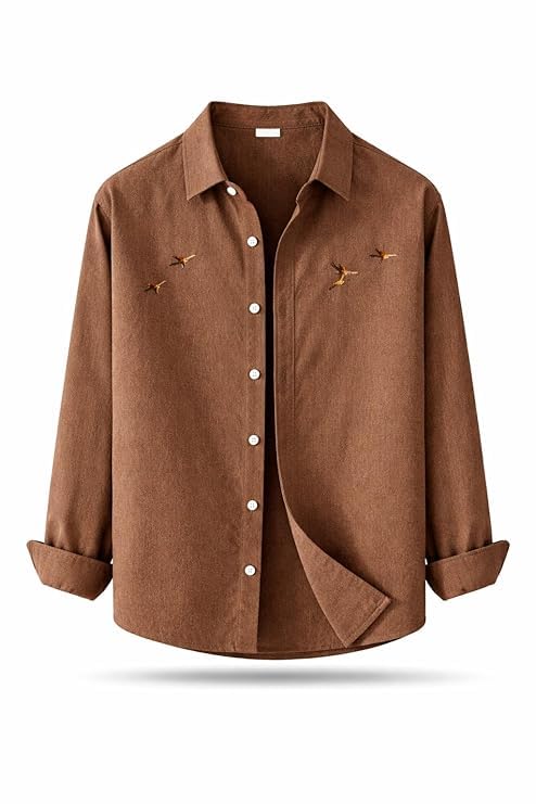 Image of Men's Cotton Blend Casual Wear with Bird Embroidery | Regular Fit Full Sleeve Button Down | Lightweight Summer Style for Daily, Office & Party