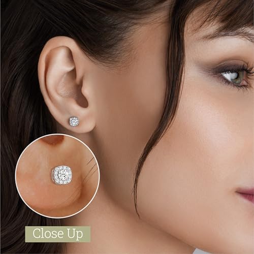 Gilded Lab-Grown Diamond Sterling Silver and 14KT Yellow Gold Plated Silver Stud Earrings for Women | Cushion Halo Shaped Studs | Hypoallergenic Fine Jewelry | Prong Setting, Push Back Nut | SI1 Clarity, F Color 1/4, 1/2, ,1 Carat Total Weight3