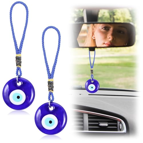 BAUCH Pendentif Oeil Turc Evil Eye, Lot de 2, 4cm, en verre artisanal, avec cordon bleu – Talisman contre le mauvais œil, porte-bonheur pour voiture, maison...