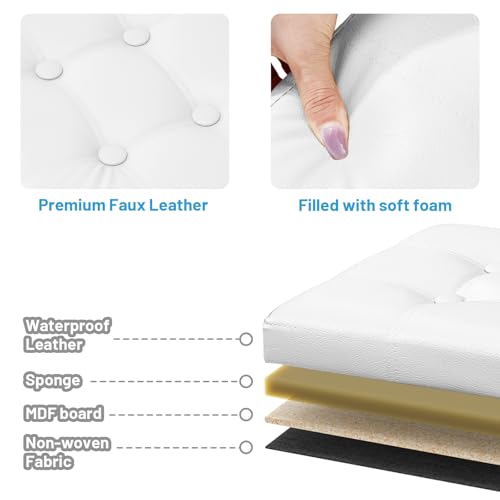 Image of Bsketa Storage Ottoman Bench,16 Inch Folding Leather Foot Rest Stool, White | Small Ottoman with Side Pockets, Thicker Foam Padded Seat, Livingroom, Dorm, Bedroom, Easy to install, 38L, 16x12x12in