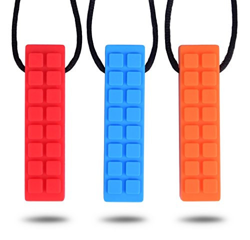 Chewy Block Necklace (3 Pack + Extra Clasp) Mild to Moderate Chewers Chewable Stimulation, Textured Oral Support Boys, Girls, Children with Autism, Motor Skill, Special Needs (Red Blue Orange)