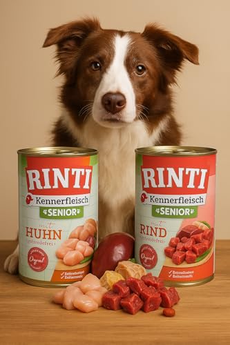 RINTI-Kennerfleisch Senior Mixpaket 12 x 400g | Nassfutter für ältere Hunde | je 6X Huhn & Rind | getreidefrei, 66% Fleisch, mit Omega 3 & Rübenfaser, ohne Konservierungsstoffe