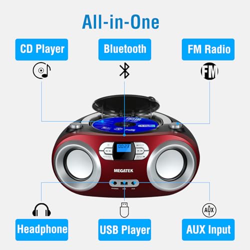 MEGATEK Portable CD Player Boombox with FM Radio, Bluetooth, USB Port, AUX Input, and Headphone Jack – CD-R/CD-RW/MP3-CD Compatible, Clear Stereo Sound, Backlit LCD Display – Cherry Red - Image 3