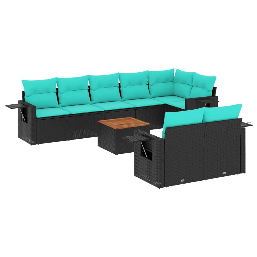Set divano da giardino 9 pezzi in rattan nero con tavolo acacia