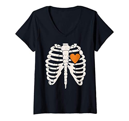 Femme Pumpkin Heart Skeleton Rib Cage Halloween Costume Funny Gift T-Shirt avec Col en V