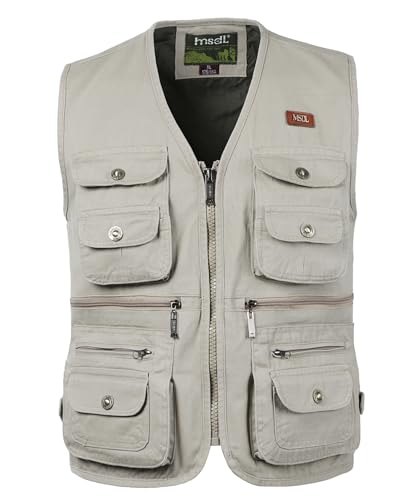 Oralidera Hommes Gilet de Pêche Multi-Poches Gilet Photographie Chasse Veste Sans Manche de Plein Air Gilet Journaliste de Voyage Pêche, Beige, M