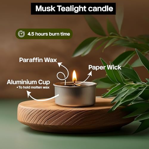 Image of Kriti Life Musk Scented Tealight Candles - 100% Paraffin Wax, Smokeless, Long Burn Time (4.5 Hours), Dripless Black Candles for Home Decor, Diwali, Weddings & Meditation - Set of 50