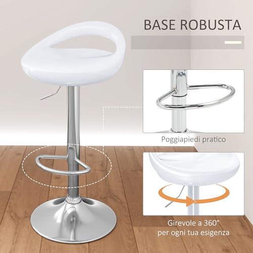 HOMCOM Set 2 Sgabelli da Bar Alti, Sgabelli Girevoli a 360°, con Schienale e Poggiapiedi, Altezza Regolabile, Base in Acciaio, per Sala da Pranzo e Cucina, 46x41x76-96cm, Bianco - Immagine 4