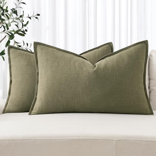 Image of MIULEE Decorative Linen Lumbar Pillow Covers 12x20 Inch Light Olive Green Boho Farmhouse Neutral Couch Throw Pillows for Bed Pack of 2 Accent Modern Pillowcase Summer Sofa Livingroom Home Decor