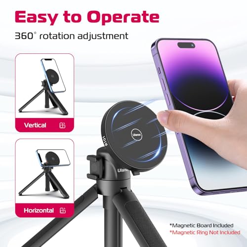 ULANZI Magnetic Cell Phone Tripod Compatible with MagSafe, 17.3" Extendable Mini Tabletop Tripod Selfie Stick with Cold Shoe, 360° Ball Head Tripod Stand Handle Grip for iPhone 17 16 15 14 13 12