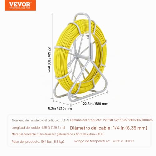 Miniatura 7 de Vevor Cinta De Fibra De Vidrio Longitud De 129,5 M 6,35 Mm Tirando De Aguja Electricista De Alambre De Cable Eléctrico Extractor De Conducto Carrete De Acero De Apoyo 3 Cabezas De Tracción Para Pared