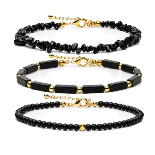 OXUNGALIZ 3Pcs Beaded Anklets for Women, Natural Stone Ankle Bracelets, Waterproof Adjustable Layered Anklet Set, Boho Beach Summer Jewelry Gift (Black Obsidian)