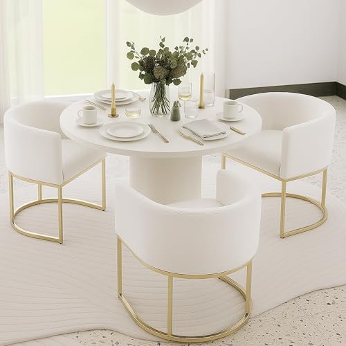 Image of HNY Mid Century Modern Upholstered Barrel Dining Chairs with Arms Set of 3, Velvet Kitchen & Dining Room Chairs, 18.5 inch Wide Accent Chairs for Dining Room Living Room with Gold Metal Frame, Cream