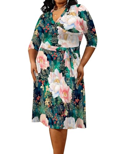 Image of PinkPatty Women's Plus Size Maxi Dress Print 3 /4 Sleeves V Neck Party Sundress Wedding Guest Dresses