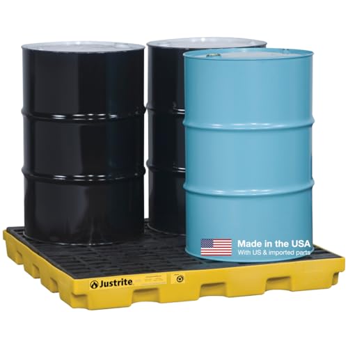 Justrite Low Profile 4 Drum Spill Containment Pallet Accumulation Center - 5.5" Tall - 49 Gal Capacity for 55 Gallon Drum Containment - Made in The USA from 30% Recycled Polyethylene - Yellow - 28656