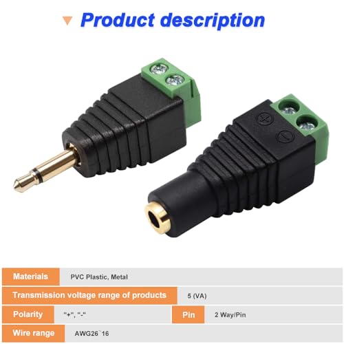 Terminal de tornillo de 3,5 mm TS mono de 2 pines con conector macho y hembra chapado en oro 2