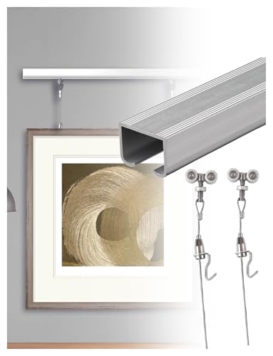 Image of Picture Rail Art Hanging Kit,Picture Rail Hooks & Installation Hardware,Ceiling Mount Photo Display Rail Track with 150cm Long Steel Cords(Silver,70cm /27.56in)