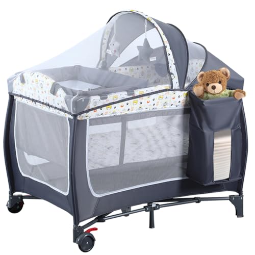 Image of 4 in 1 Pack and Play,Portable Nursery Center Baby Playard with Bassinet &Changing Table,Foldable Baby Crib Travel Playpen with Wheels,Removable Canopy with Toys,Storage Bag (Grey)