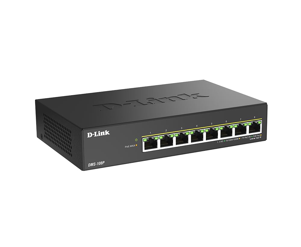 D-Link DMS-108P 8-Port 2.5G Multi-Gigabit Unmanaged PoE Switch with Eight 2.5 Gigabit PoE Ports, Fanless, Low Profile, Compact, Metal Housing, QoS, Plug and Play-image-34