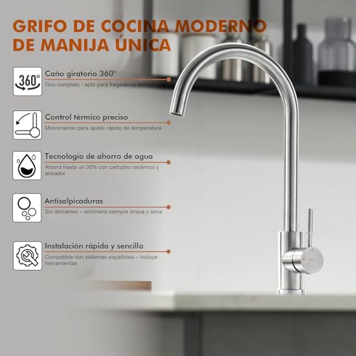 Miniatura 5 de Grifema Irismart G4008 Grifo De Cocina Alto Con Caño Giratorio, Mezclador De Fregadero, Cold Start, Ahorro De Energía, Acero Inoxidable Exclusivo En Amazon