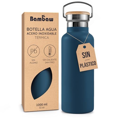 Bambaw Botella Térmica 1 Litro, Botella Agua Azul Oscuro, Botella Agua Acero Inoxidable 1 Litro, Botella Gimnasio, Cantimplora Acero Inoxidable Azul Índigo