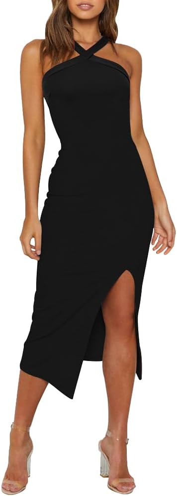 Owin Women Sexy Halter Bodycon Midi Dress Side Split High Waist Cocktail Wedding Guest Formal Evening Party Dress