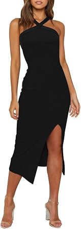 OWIN Women 2026 Sexy Halter Cocktail Wedding Guest Dresses High Waist Bodycon Side Split Formal Party Midi Dress