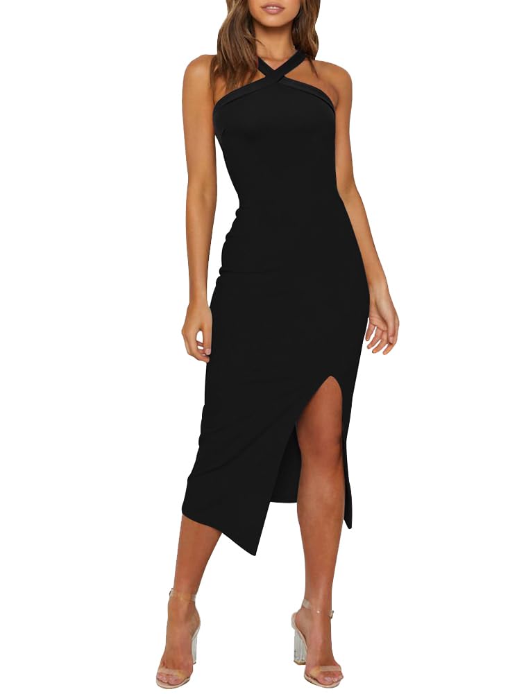 OWIN Women 2025 Sexy Halter Cocktail Wedding Guest Dresses High Waist Bodycon Side Split Formal Party Midi Dress