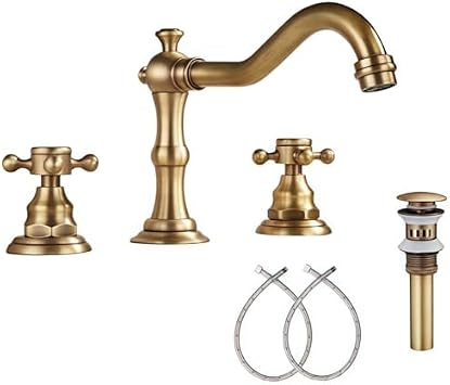 Antique Brass Bathroom Faucet - 2 Handle Widespread Bathroom Sink Faucet Antique Brass Bathroom Vanity Basin Mixer Matching Metal Pop Up Drain with Overflow with Drain Assembly and Supply Hose