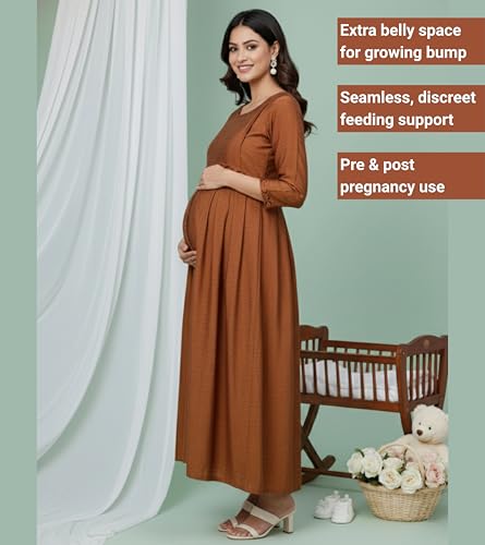 Image of DUMMY SHAPE Maternity Gown for Women | Floral Anarkali Flare Kurta with Dual Nursing Zippers | Pregnancy & Breastfeeding | Feeding Kurtis | Baby Shower | Mom to Be Gifts for Pregnant Woman Rust Brown