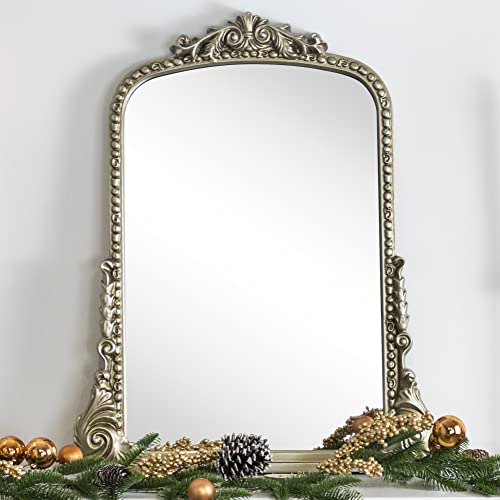 Vana Nala Traditional Silver Ornate Frame Arch Wall Mirror Baroque Inspired Bathroom Vanity Rectangle Wall Mounted Mirror, Antqiued Silver 30 X 34'' #TOP3