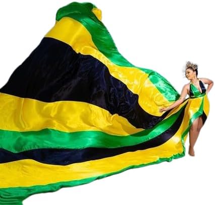 Jamaican Flag-Colored Flowing Dress with Woman Model, 100% Polyester, One Size
