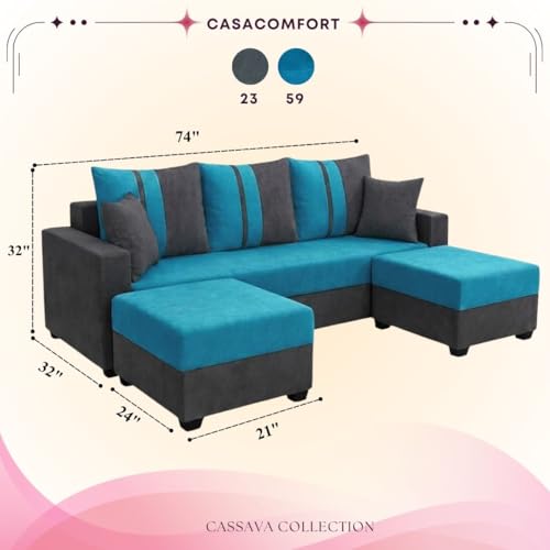 Image of Zenix 5 Seater L Shape Sofa Set with 2 Movable Ottomans | Flexible Layout | Rich Velvet Suede Fabric | Silver Legs | Spacious Seating | Modern Sofa for Living Room (Dark Grey-Aqua Blue)