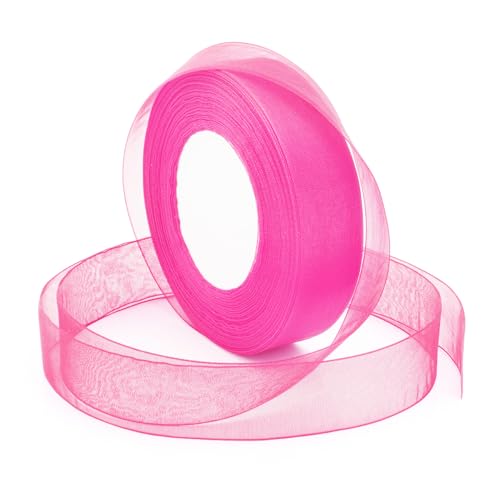 Sentoyou Pink Ribbon for Gifts Wrapping, 1 inch 50Yard Sheer Organza Tulle Ribbon, Hot Pink Gift Wrap Chiffon Ribbons for Hair, Crafts, Flower Bouquet, Wedding, Valentines Day, Mothers Day, Christmas
